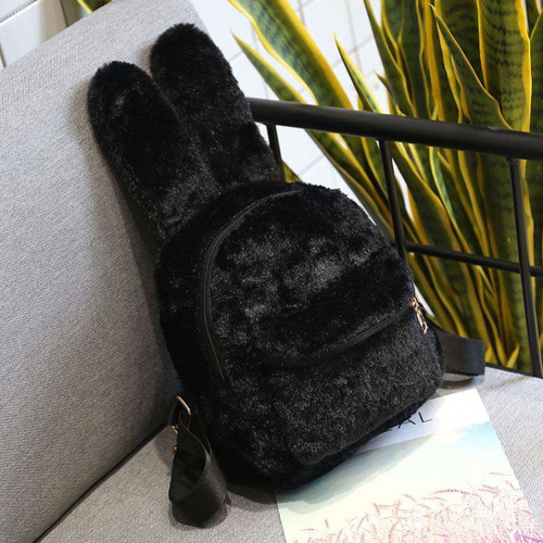 Рюкзак меховой с ушами зайца, черный