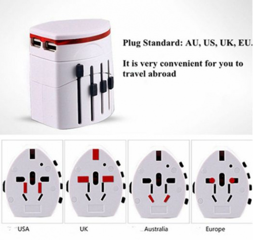 Адаптер питания 110-220B - USB Af два порта, зарядка 1А, 4 переходника для разных розеток, белый