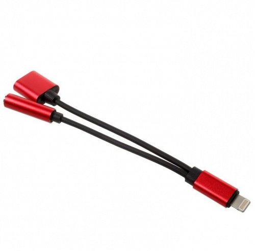 Переходник Apple Lightning 8-pin в AUX 3.5мм + Lightning 8-pin для зарядки, красный
