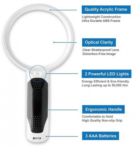 Лупа ручная круглая 5x-90мм с подсветкой (2 LED) Magnifier 77390B