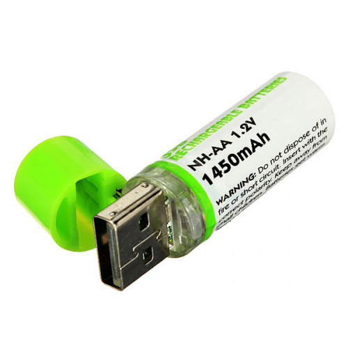 Аккумулятор с подзарядкой через USB AA, 1.2V, 1450 mAH, Ni-MH, 2 шт