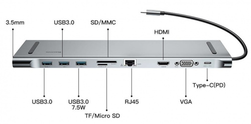 Адаптер мультипорт Baseus Enjoyment Type-C HUB док-станция 10 в 1 Grey