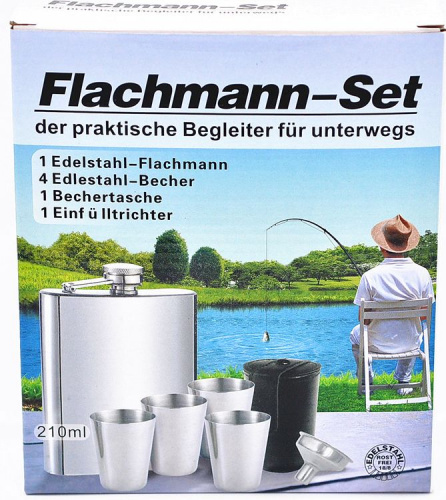 Фляга стальная "Flachmann-Set" в коробке (4 рюмки, воронка)