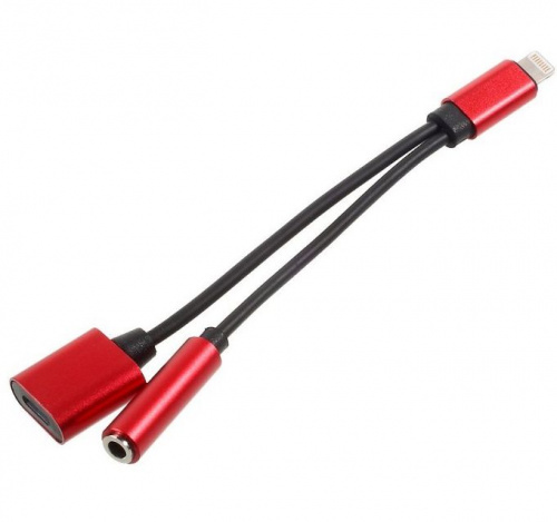 Переходник Apple Lightning 8-pin в AUX 3.5мм + Lightning 8-pin для зарядки, красный