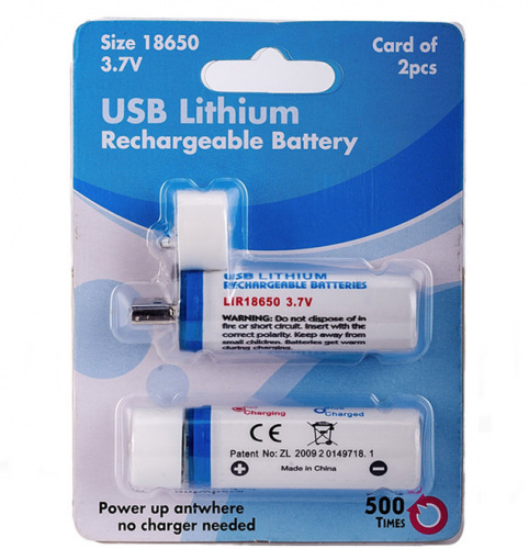 Аккумулятор с подзарядкой через USB 18650, 3.7V, 1400 mAH, li-ion, 2 шт