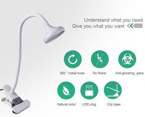 Настольная светодиодная лампа на прищепке LED Clip Desk Lamp 3W USB, белая