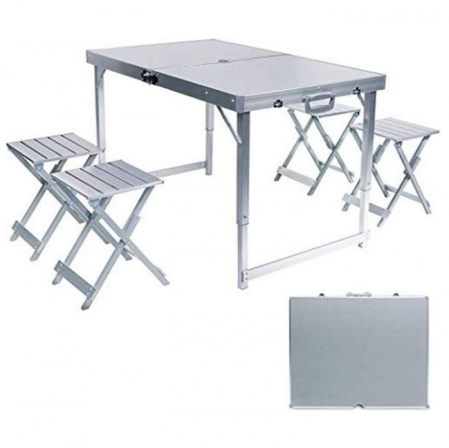 Складной туристический стол для пикника + 4 стула (110х70х70 см) серебристый